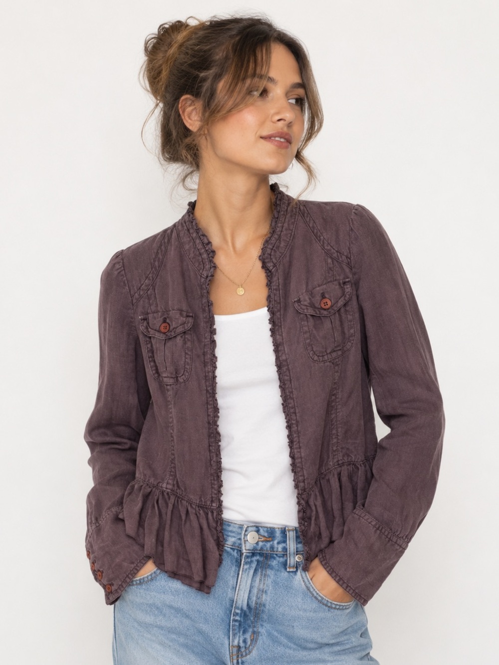 Louie 100% Linen Ruffle Peplum Jacket Size 6 | Romantic Boho Layer